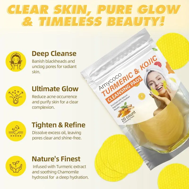 Turmeric & Kojic Acid Cleansing Pads, Gentle Deep Clean Soft Texture Facial Skincare Pads 20pcs🍯