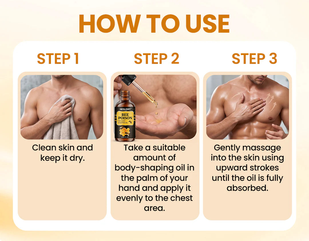 🔥 MEN’S CHEST-CONTOUR UPGRADE💪 NESLEMY® bee poison Chest Sculpting Oil 🐝 Daily bee poison Support for a Firmer-Looking, More Defined Chest