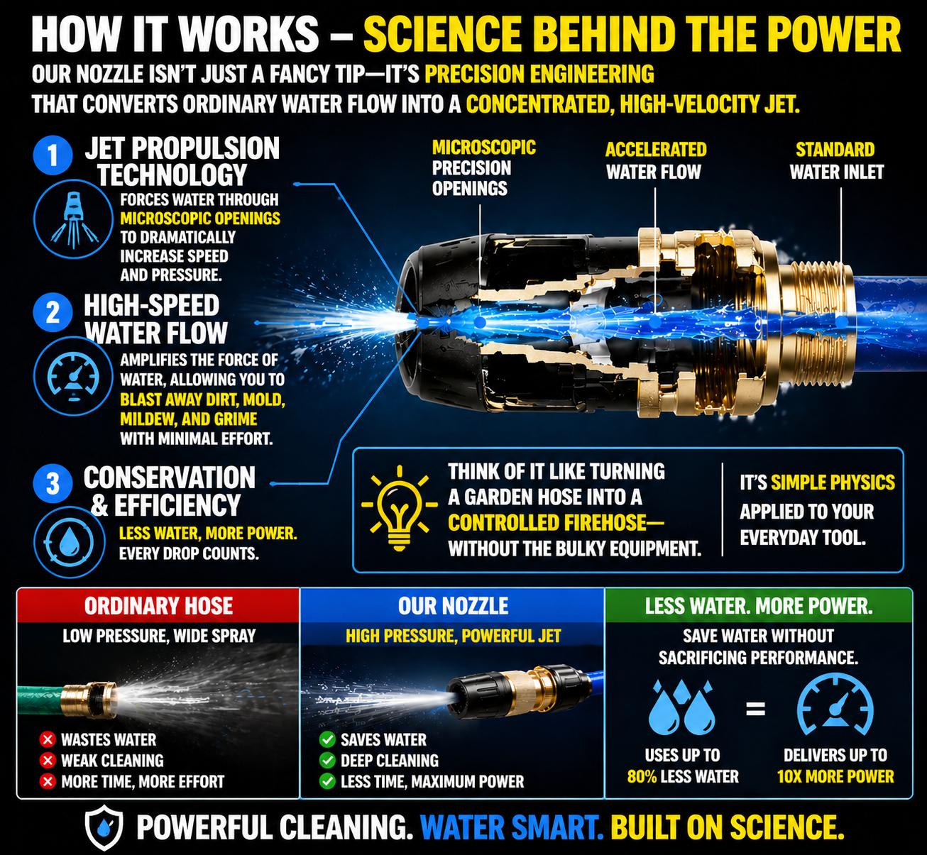 High pressure hose nozzle water flow technology