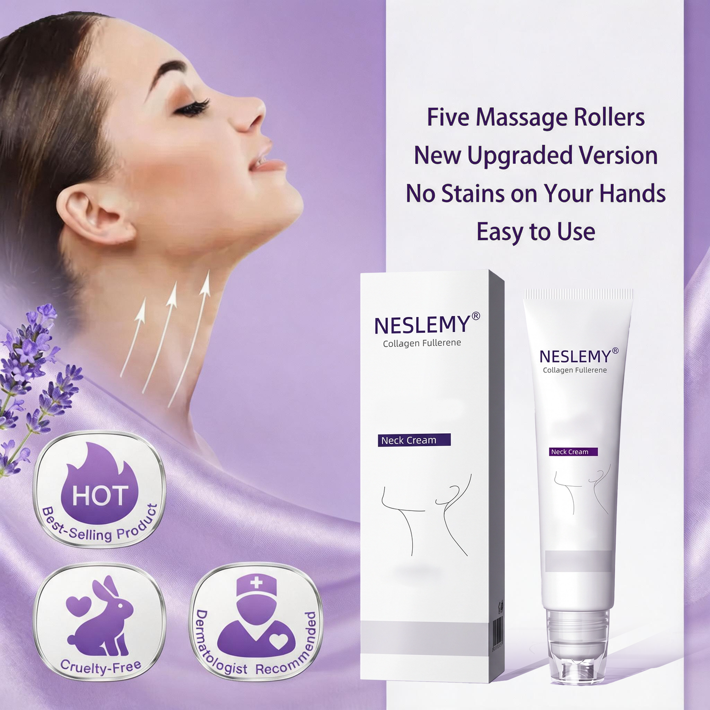 Roller Massage Neck Cream 🧴 Collagen & Hyaluronic Acid | Firms Neck, Reduces Wrinkles & Double Chin